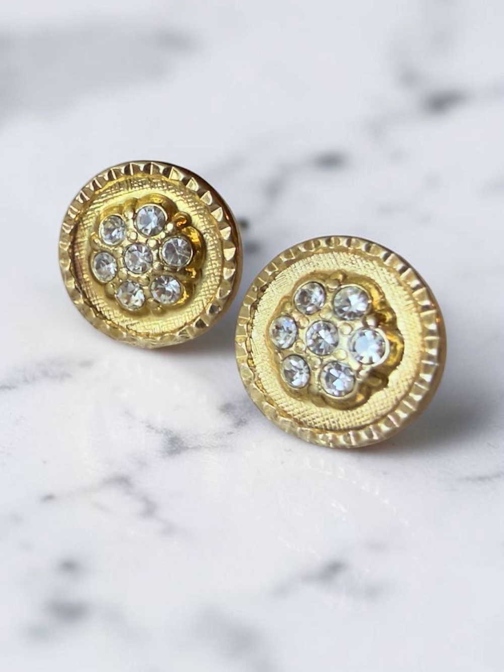 Vintage Gold Tone Rhinestone Stud Earrings | Textured Disc Button Earring